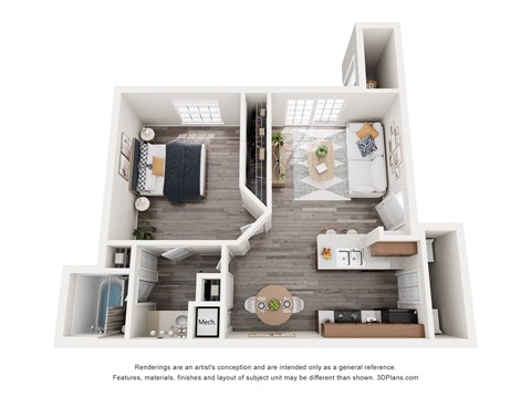 Floor plan for 1 bed, 1 bath, 650 sqft